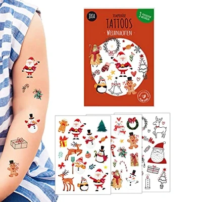Image de 3 planches de Tatouages temporaires à coller pour enfants, Motif : Noël, éphémères 100% vegan et hypoallergéniques, idée cadeau Noël