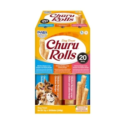 Image de INABA Recette pour Chien avec 58,4% de Poulet, 15% Thon, Blanc d&#039;œuf en Poudre, Tapioca, caséinate Sodium, levure au Saumon ou Fromage