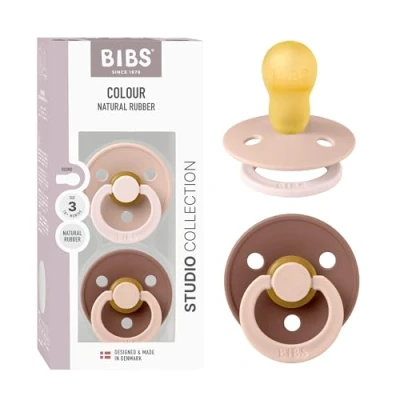 Image de Tétine BIBS Colour Studio. Lot de 2 sucettes. Sans bisphénol A, Téterelle ronde. Latex caoutchouc naturel, Fabriqué au Danemark, Taille 3 (18+ mois) Blush/Woodchuck
