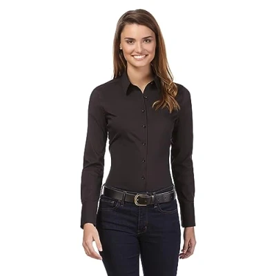 Image de Vincenzo Boretti Chemisier Femme, Coupe cintrée Slim fit, Tissu élastique Infroissable et Respirant, mélange de Coton, Manche Longue, col Kent, uni Facile à Repasser Noir 42