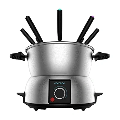 Image de Cecotec Fondue Électrique Fun Gourmet Fondue. 1000W, Acier Inoxydable, à Utiliser avec du Fromage, Chocolat et de l’Huile, Thermostat Ajustable, Inclus 8 fourchettes