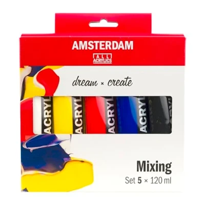 Image de Amsterdam Standard Series Peinture Acrylique Set de Mélange (5 x 120 ml) Couleurs Primaires Chaudes + Noir &amp; Blanc