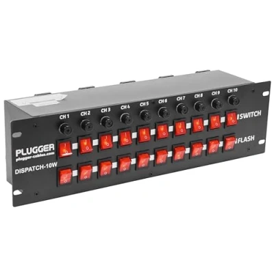 Image de Boitier répartiteur 10 canaux Dispatch 10W Plugger. sorties 220V, avec interrupteurs indépendants, boutons Flash, protection par fusible. Format Rack 19&quot;.