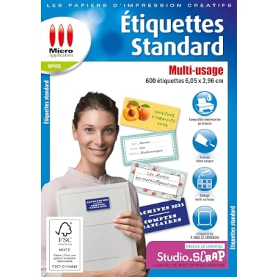 Image de Micro Application Étiquettes Autocollantes Standard 600 6,05 x 2,96 cm, Imprimables, Personnalisables, Bords Arrondis, Impressions 2880 dpi, Compatible Imprimantes Jet d&#039;Encre 5057 Blanc