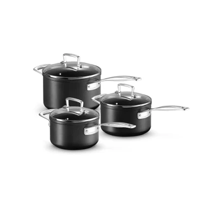 Image de Le Creuset Set de 3 Casseroles Anti Adhérentes en Aluminium Forgé, 16, 18 et 20 cm, Anthracite/Argenté,51803000010002