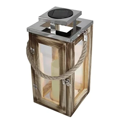 Image de Lanterne solaire chic en bois naturel et inox effet bougie LED blanc chaud OAKY H28cm