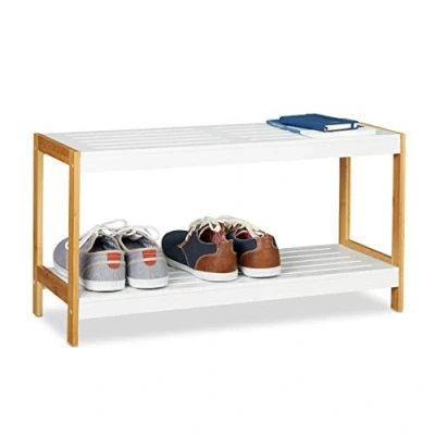 Image de Relaxdays, blanc/naturel Etagère à chaussures avec espaces de rangement, 2 étages, Bambou &amp; MDF, en différentes Tailles, bambou, 36,5 x 70 26 cm