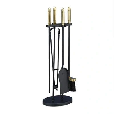 Image de 1x Ensemble serviteur de cheminée 5 pièces, Acier Laiton, Accessoire Pelle Balai Support tisonnier, Noir/Or