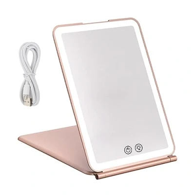 Image de Miroir de Maquillage Voyage, Beauté Portable éclairé avec 72 LED, 3 Couleurs écran Tactile à intensité Variable, Rechargeable Courtoisie Table Lumières (Or Rose)