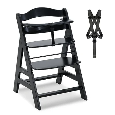Image de hauck Chaise Haute Bébé Alpha Plus en Bois de Hêtre Certifié FSC® Èvolutive dès 6 Mois, Réglable, Harnais 5 Points, Barre Sécurité, Résistante Jusqu&#039;à 90 kg Noir