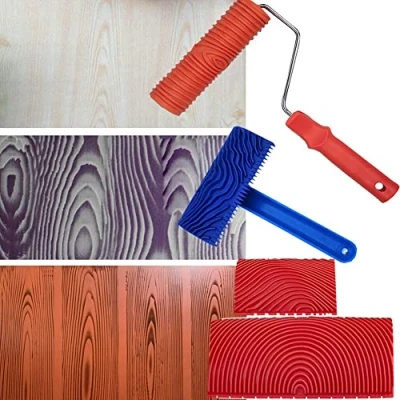 Image de HiCOZZIE Outils de Grain Bois, 4Pcs Peinture Rouleau Bois Motif Texture avec PoignéEs D&#039;Outil Texture, pour PièCe Murale