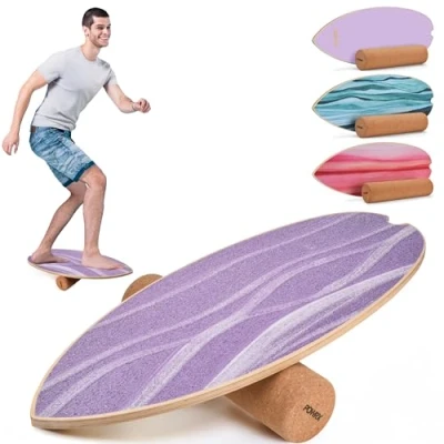 Image de POWRX planche d&#039;équilibre de surf en bois/skateboard avec roulette, entraînement coordination pour surf, skateboard, sport, force