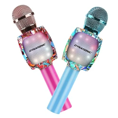 Image de DYNASONIC Microphone karaoké Bluetooth Jouets pour garçons et filles sans fil portable avec lumières LED enfants, cadeaux originaux enfants (Pack 2 Micros)
