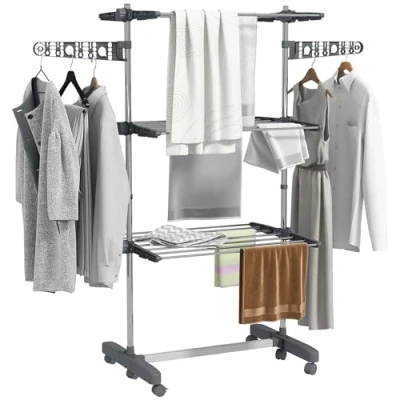 Image de HOMCOM Séchoir à Linge étendoir Pliable Ailes latérales Utilisation intérieure et extérieure 142 x 55 152 cm 3 Niveaux Gris