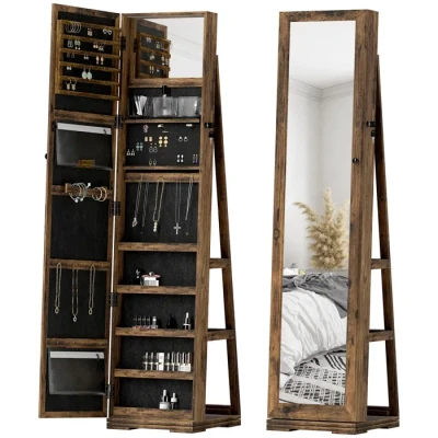 Image de Armoire à bijoux HOMCOM pivotante verrouillable boîte avec miroir 38x38x160cm Brun Rustique