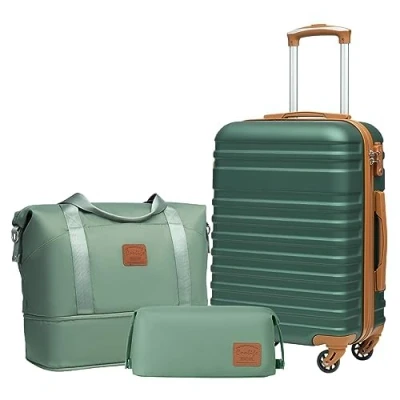 Image de Coolife Set de Valises Voyage Valise ABS avec Cadenas TSA Poignée télescopiq,1 Bagage Cabine Extensibles et 1 Portable Trousse Maquillage (Abricot/Vert Foncé, 3 (20&quot;))