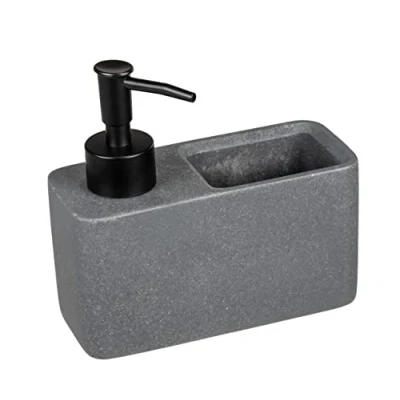 Image de WENKO Distributeur de Produit Vaisselle Resa, Savon, visuel Pierre Naturelle avec Compartiment à éponge (Incluse), Rechargeable, contenance env. 150 ML, 14,5 x 14,3 6 cm, Gris foncé