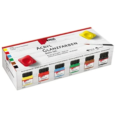 Image de KREUL 79600 Set de 6 pots Peinture acrylique brillante 20 ml avec 1 pinceau opaque lisse à base d’eau pour peindre et bricoler Résiste la salive sèche rapidement