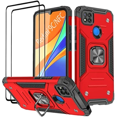 Image de KANSI Coque Compatible pour Xiaomi Redmi 9C NFC/Redmi 9C, Verre Trempé [2 Pièces] Housse TPU Silicone Rotation 360 Aimant Anneau Support Double Défense Protection Etui Rouge