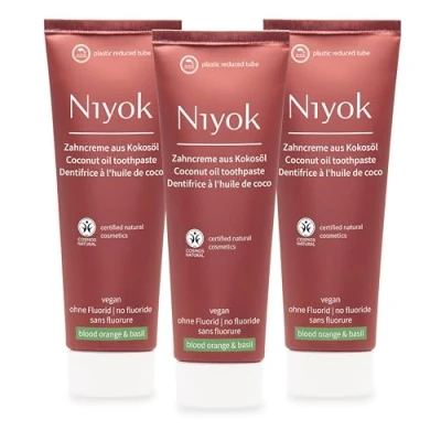 Image de Niyok® Dentifrice naturel à l&#039;huile de coco bio orange sanguine et basilic (3 x 75 ml) pour des dents blanches Soin intensif fraîcheur Protège les gencives Sans fluorure