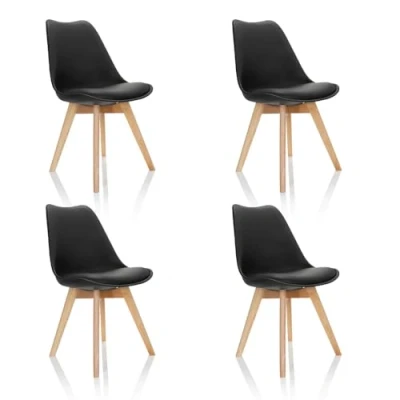 Image de hjh OFFICE 661011 Set de 4 chaises Salle à Manger Scandi Plastique Noir Pieds en hêtre Massif, Chaise rembourrée Design rétro