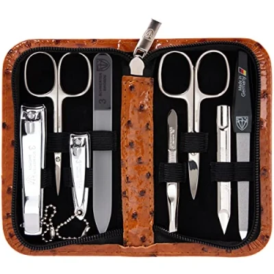 Image de DREI SCHWERTER Kit de manucure « Roma » Étui à ongles avec 8 instruments : ciseaux ongles, cuticules, coupe pied/doigt, cure pince épiler, lime en verre,