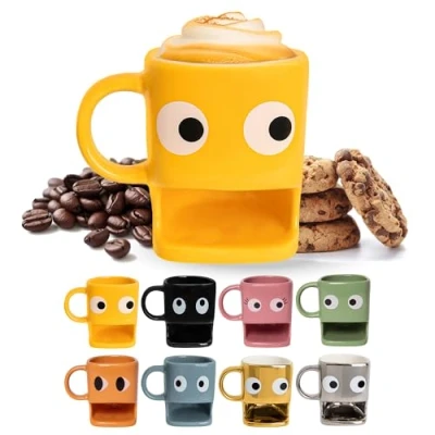 Image de fisura. Tasse originale à offrir “yeux. avec support biscuits jaune. en céramique espace pour biscuits. Capacité de 240 ml. Cadeau unique.