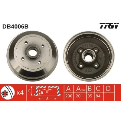 Image de TRW DB4006B Tambours De Frein avec roulement, sans bague ABS 227,5 OPEL: Corsa B 3/5 portes, Tigra Coupe, Combo Van