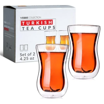 Image de Verre Collection à Thé Turc, Double Paroi Multi usages (125ml) Lot de 2 Tasses Isothermes en Tasse Cay Bardagi Orientales Services et Café Cocktails