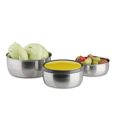 Image de Relaxdays Bol mélangeur avec couvercle lot de 3 saladiers en inox plusieurs tailles acier inoxydable, jaune