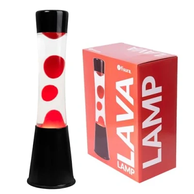 Image de fisura. Lampe à lave rouge. Base noire, liquide transparent et Effet relaxant. Avec ampoule de rechange. 11 centimètres x11 x39,5