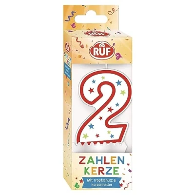 Image de RUF Bougie d&#039;anniversaire numéro 2, rouge, avec étoiles multicolores, de qualité supérieure, protection anti goutte, idéale comme décoration gâteau, 1 pièce