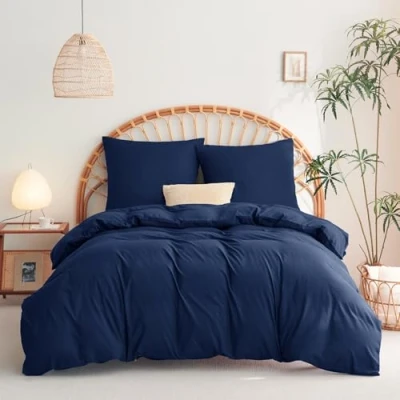 Image de WAVVE Parure de lit, 3 pièces, Housse Couette 155 x 220 cm et 2 taies d&#039;oreiller 80 cm, en Microfibre, avec Fermeture éclair, Douce Infroissable, Bleu Marine