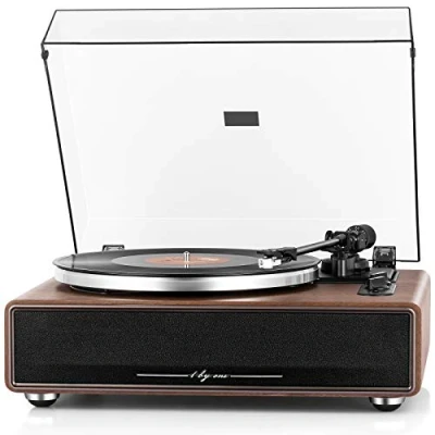 Image de 1 BY ONE Platine Vinyle avec Transmission par Courroie Haute Fidélité, Haut Parleurs Intégrés, Lecture sans Fil et Fonctionnalité Aux in, Arrêt Automatique