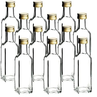 Image de gouveo Lot de 12 bouteilles en verre 100 ml Maraska avec bouchon à vis doré Petite Bouteille 0,1 l remplir carrée vide pour liqueur, huile (MFET100G)