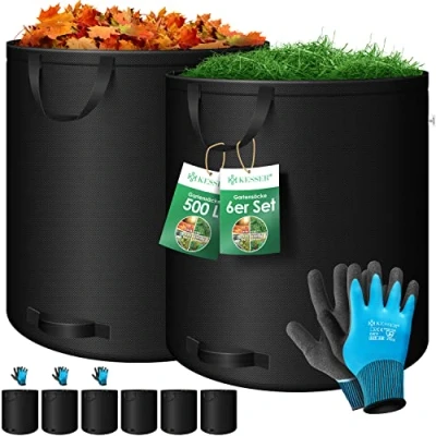 Image de KESSER® Sacs jardin 6x500L Set à feuilles Déchets +gants Autonome 4 poignées Stable Robuste Pliable Tontes gazon pour verts Noir