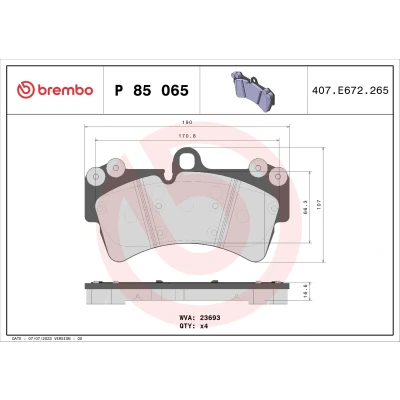 Image de BREMBO P 85 065 Jeu de plaquettes frein préparé pour indicateur d&#039;usure avec masses d&#039;équilibrage, sans accessoires AUDI: Q7, PORSCHE: Cayenne