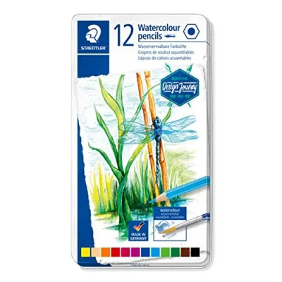 Image de Staedtler Crayons de couleur aquarellables haute qualité pour artistes, Utilisables à sec ou l&#039;eau, Mine douce et tendre 3 mm, Boîte en métal avec 12 couleurs différentes assorties, 14610C M12