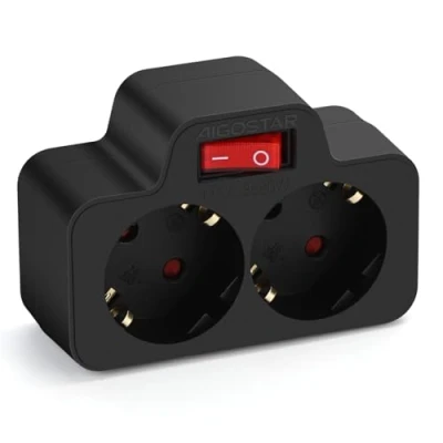 Image de Aigostar Multiprise 2 prises avec interrupteur. 3680W. Blanche. (Sans mise à la terre, non utilisable en France) Noir