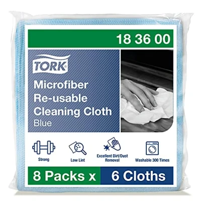 Image de Tork Chiffon de Nettoyage Microfibre réutilisable bleu, utilisation sèche et mouillée, 8 x 6 chiffons, 183600