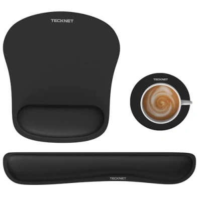 Image de TECKNET Tapis de Souris Ergonomique 3 en 1, Repose Poignets Clavier et Dessous Table, Kit Mouse Pad Mousse à mémoire Forme pour Ordinateur Bureau, Gamer, Antidérapant Pliable