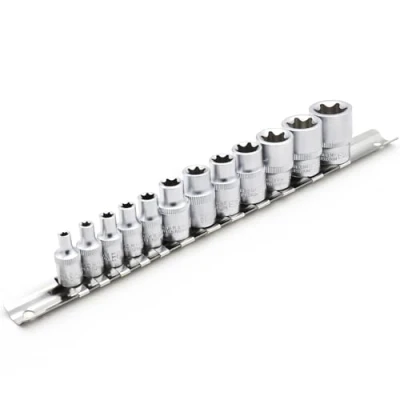 Image de DAKCOS 12 Jeu de douilles E Torx femelles étoiles 6,35 mm 5 1/4&quot; E4 E8 et 7 3/8&quot; E10 E20 sur rail en métal, CR V, 25 long