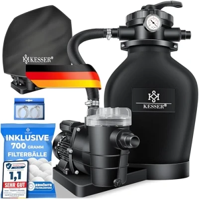 Image de KESSER® Système de Filtre à Sable + 700 g Billes filtrantes remplacent 25 kg vanne 7 Voies avec indicateur Pression Piscine 10 mġ/h cuve Filtre, Le Noir