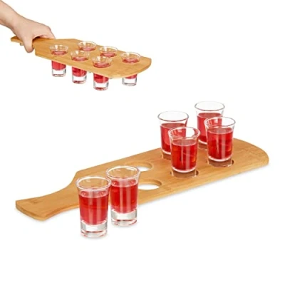 Image de Relaxdays Planche à Shots, avec 6 Verres, 4 cl, Support Manche, idée Cadeau, Bambou, Nature