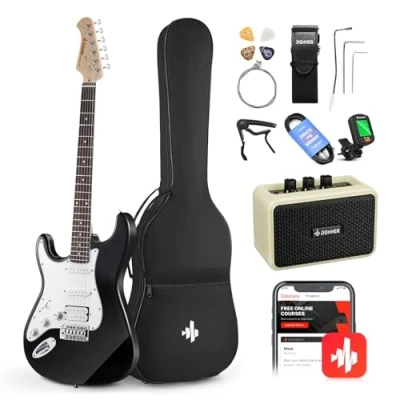 Image de Donner Kit Guitare électrique gaucher pour débutant 39 pouces, micros S H avec ampli, sac, capo, sangle, corde, accordeur, câble, médiators, DST100