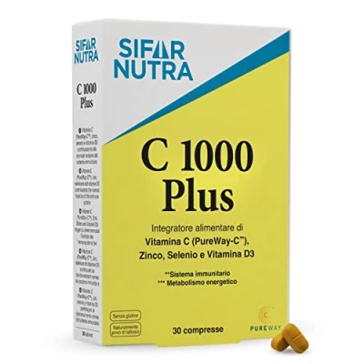 Image de Sifar Nutra C 1000 Plus vitamine (PureWay C), D3, zinc et sélénium bioflavonoïdes d’agrumes antioxydant complément système immunitaire posologie absorption élevées 30 comprimés