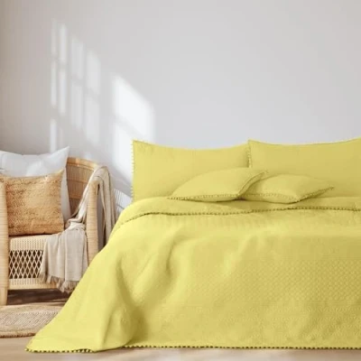 Image de AmeliaHome Couvre lit avec Pompons 240 x 260 cm matelassé ultrasonique Polyester Jaune