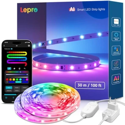 Image de Lepro S1 IA Ruban LED Connecté 30M, Éclairage généré par LLM, Bande Gaming Wifi MagicColor App Contrôle, Compatible avec Alexa et Google Assistant, Sync Musique pour Maison Chambre Fête