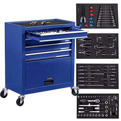 Image de AREBOS Servante d&#039;atelier 4 Compartiments tiroirs à roulement Billes avec 81 pièces d&#039;outils Chariot Outils 2 roulettes Frein de stationnement Bleu