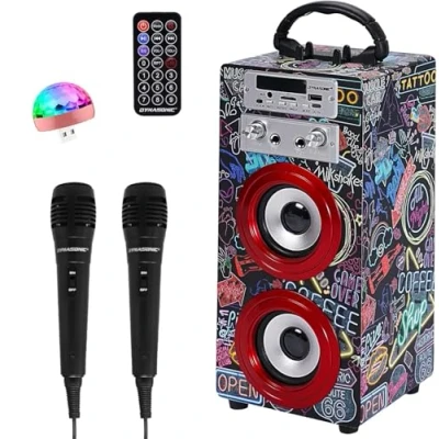 Image de Machine à Karaoké Portable DYNASONIC avec 2 Micros, Enceinte Haut Parleur Bluetooth, Designs Exclusifs, Lecteur USB/SD, Lumières, Cadeau pour Enfants (Modele 21 lumière)